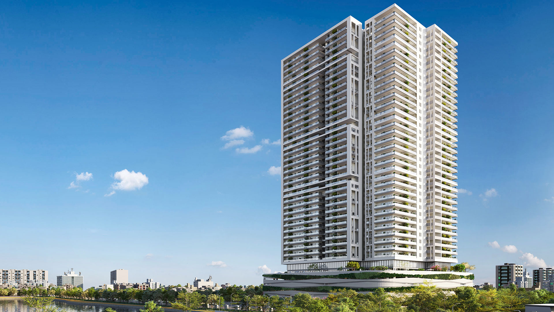 Artist's impression of Prestige Vaishnaoi Rainbow Waters tower beside a landscaped lakefront