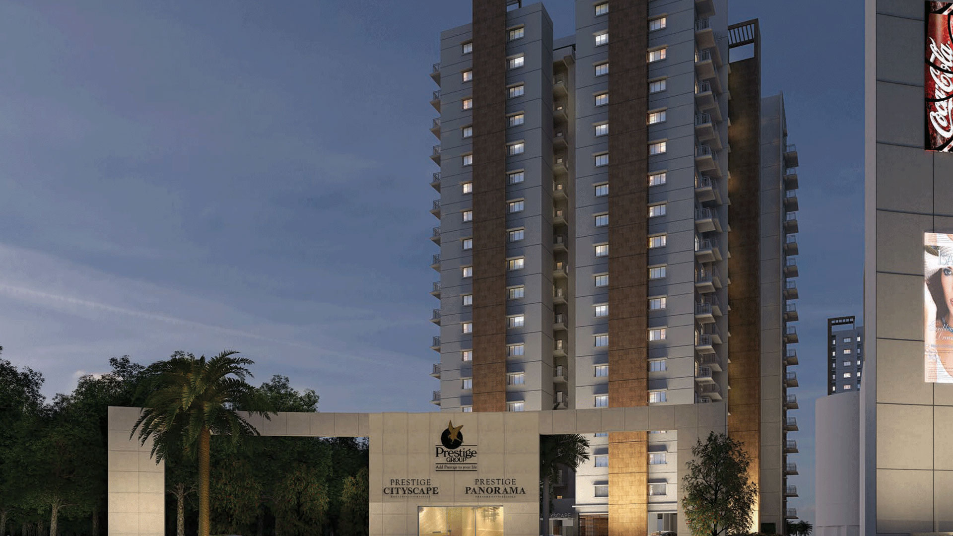 Dusk artist's impression showing the signed Prestige Cityscape entrance and residential towers.