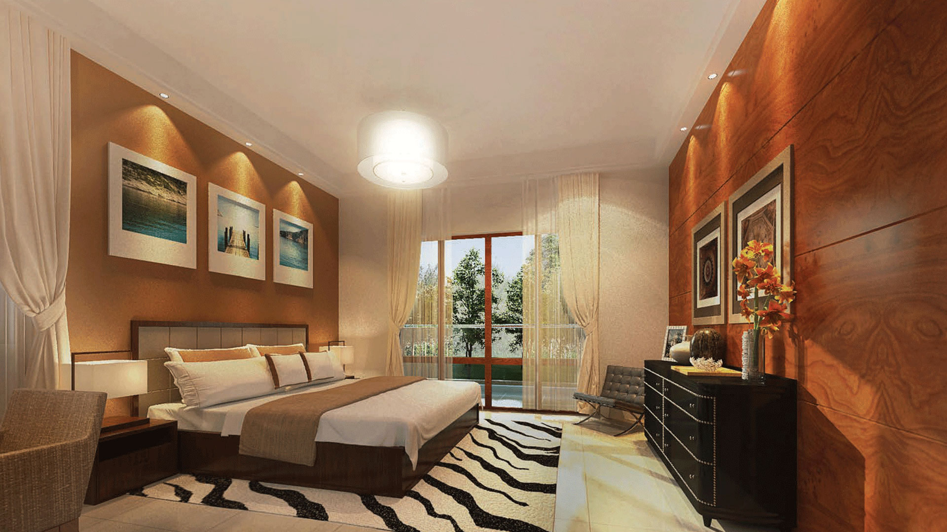 Rendered bedroom interior with wood wall panelling at Prestige Cityscape.