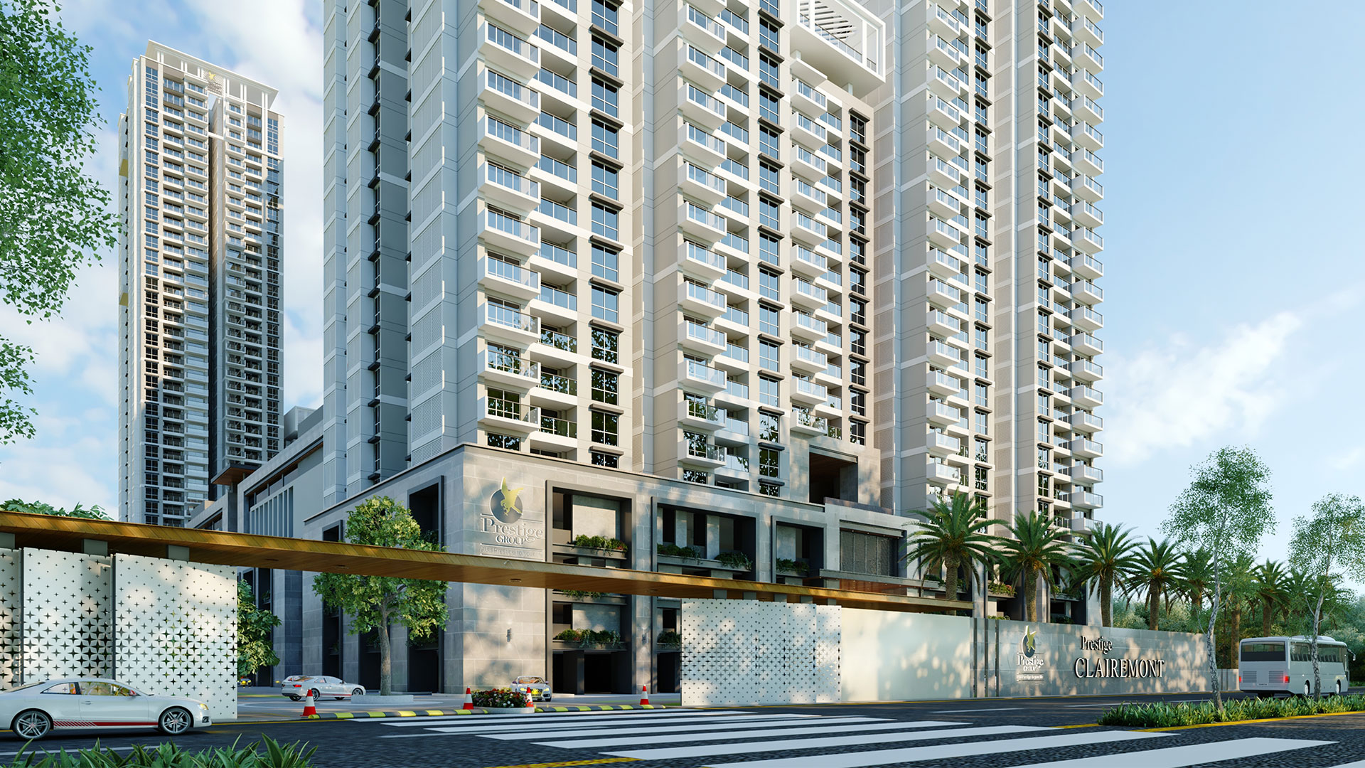 Rendered Prestige Clairemont entrance with project name signage and a residential tower behind it.