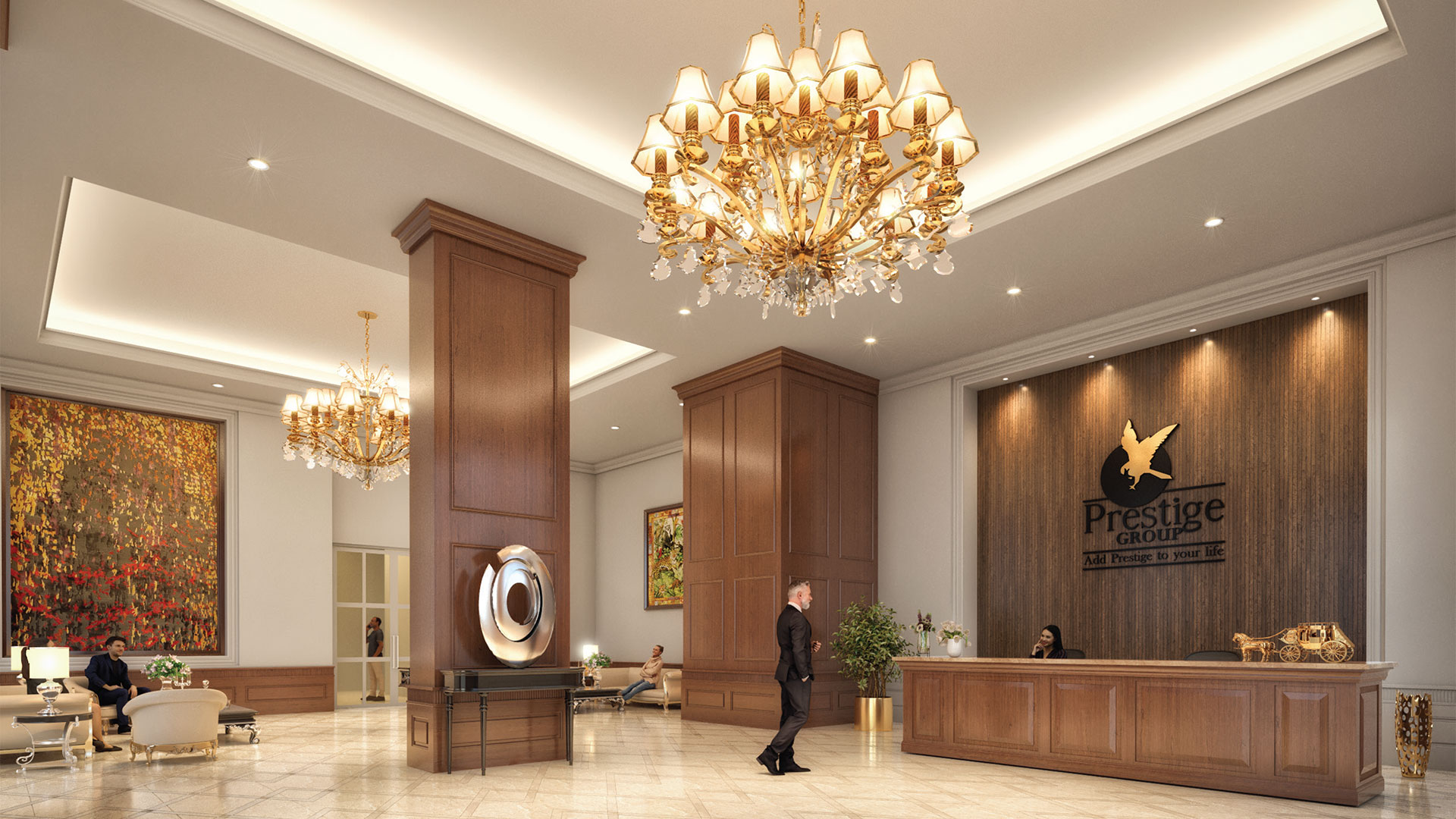 Conceptual rendering of the Prestige Beverly Hills entrance lobby with reception desk and chandeliers.