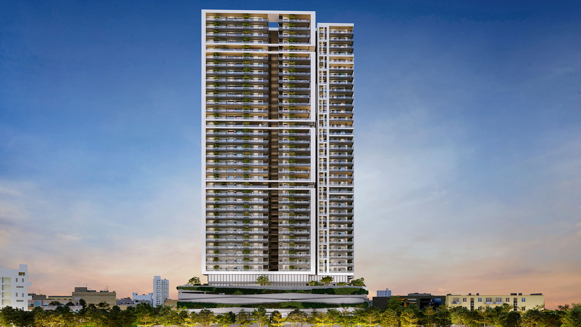 Front elevation render of Prestige Vaishnaoi Rainbow Waters tower
